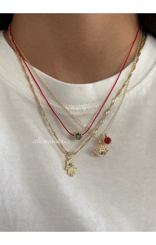 3'lü Şans Kolyesi Kırmızı İpli Zirkon Charm Gold Kadın Kolye Set Altın Altın 3'lü Şans Kolyesi Kırmızı İpli Zirkon Charm Gold Kadın Kolye Set Altın Altın