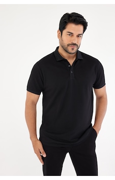 AC&Co / Altınyıldız Classics Erkek Çekmeyen Pamuklu Kumaş Slim Fit Dar Kesim Simsiyah Kıvrılmaz Polo Yaka T-shirt