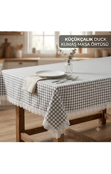 Küçükçalık Duck Kumaş Gri Kareli Dantelli Masa Örtüsü