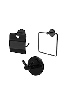 Banyo Aksesuar 3 Lü Set Havluluk - Wc Kağıtlık - 2 Li Askı Mat Siyah