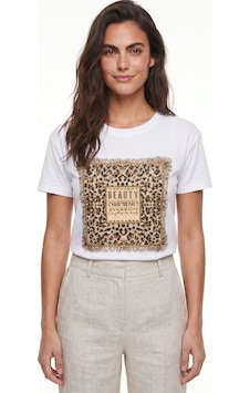 Onloox Kadın Beyaz Beyaz Pamuklu Bisiklet Yaka Kısa Kollu Normal Kalıp Taş Baskılı Leopar Detaylı T-shirt Onloox Kadın Beyaz Beyaz Pamuklu Bisiklet Yaka Kısa Kollu Normal Kalıp Taş Baskılı Leopar Detaylı T-shirt