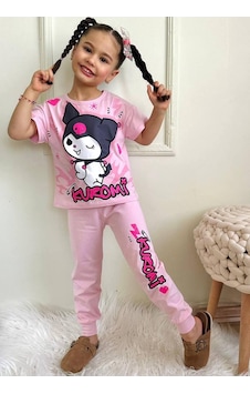 Kız Çocuk Kedi Desenli Kısa Kollu Tshırt Eşofman 2'li Takım-987 Pembe