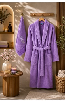 Havlulu Bornoz 2'li Set Bornoz + 50 X 85 Cm Baş Havlusu, Pamuklu, Cepli, Spa Ve Otel Konforu Lavanta Havlulu Bornoz 2'li Set Bornoz + 50 X 85 Cm Baş Havlusu, Pamuklu, Cepli, Spa Ve Otel Konforu Lavanta