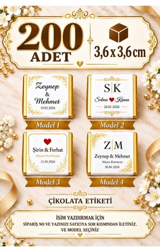 200 Adet Madlen Çikolata İçin Sticker- Kişiye Özel Sticker - Kare Sticker - Nişan Nikah Mevlid Altın