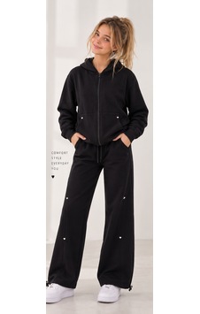 Mila Mood Kız Çocuk Siyah Kapüşonlu Fermuarlı Sweatshirt Kalp Detaylı Bol Paça Eşofman 2 Li Takım