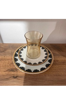 Çiçek Desenli Kehribar Çay Bardağı Takımı 18 Parça Beyaz