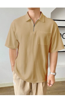 Genius Store Erkek Oversize Polo Yaka Waffle T-shirt Poloyaka-fermuarlı Bej Genius Store Erkek Oversize Polo Yaka Waffle T-shirt Poloyaka-fermuarlı Bej