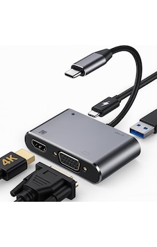 4in1 Usb C Hdmı Vga Adaptörü, Usb C Hub, 4k Hdmı, 1080p Vga, Usb 3.0, Usb C Pd Şarj, Macbook Pro/air/ipad Pro 2018 / Xps/ Uyumlu Sku: Mır8690010134035