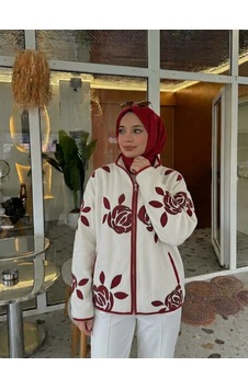 Trend Paris Gül Desenli Polar Hırka / Fermuarlı Ceket Kırmızı Standart