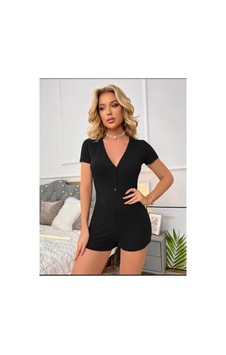 Butik İstanbul Kadın Kısa Kollu Önü Düğmeli Mini Bodycon Fitilli Kaşkorse Tulum Siyah Butik İstanbul Kadın Kısa Kollu Önü Düğmeli Mini Bodycon Fitilli Kaşkorse Tulum Siyah