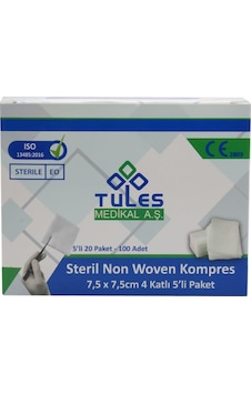 Tules 5 Li Steril Non Woven Kompres Spanç 4 Katlı 100 Adet 7.5 X 7.5 CM Tules 5 Li Steril Non Woven Kompres Spanç 4 Katlı 100 Adet 7.5 X 7.5 CM