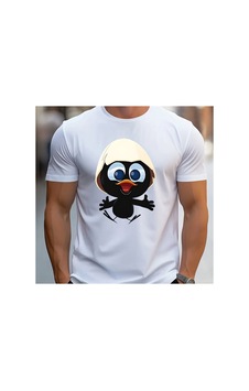 Caddemia Yaz Moda Gündelik Spor Gevşek Ve İlginç Karikatür Desen Baskılı Yuvarlak Yak Beyaz 2XL