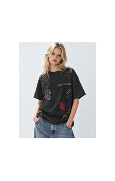 Smıley Crystal Washed Taş İşlemeli Antrasit T-shirt Antrasit Gri Antrasit Gri