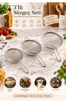 Porsima 4528 Paslanmaz Çelik 3'lü Tel Süzgeç Seti Un Eleği, Çay, Un & Unlu Mamul Süzgeci 14-16-18 Cm