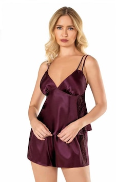 Night Light Kadın Mürdüm Saten Babydoll Şort Takımı Mürdüm