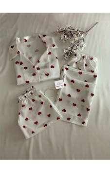 Mh Moony Homewears Hediye 3'lü My Heart Saten Pijama Takımı Krem Ve Kırmızı