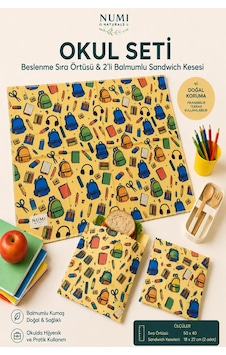 Okul Seti Beslenme Sıra Örtüsü & 2 Li Balmumlu Sandviç Kesesi - Çanta Desenli Çok Renkli Okul Seti Beslenme Sıra Örtüsü & 2 Li Balmumlu Sandviç Kesesi - Çanta Desenli Çok Renkli