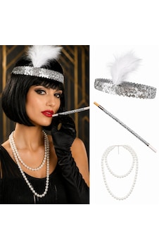 1920& 39 Ler - 99 - Gatsby Gümüş Parti Seti - Çarliston Saç Bandı, İnci Kolye Ve - Spt-gld - Sigara Tutacağı 1920& 39 Ler - 99 - Gatsby Gümüş Parti Seti - Çarliston Saç Bandı, İnci Kolye Ve - Spt-gld - Sigara Tutacağı