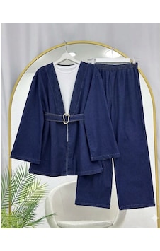 Lovie Moda Kadın Kemer Detaylı Kot Kimono Takım - Lacivert Lovie Moda Kadın Kemer Detaylı Kot Kimono Takım - Lacivert