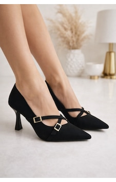 Firibu Çift Tokalı Süet Sivri Burun Kadeh Topuk Stiletto Siyah - Y Firibu Çift Tokalı Süet Sivri Burun Kadeh Topuk Stiletto Siyah - Y