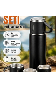 3'lü Siyah Termos Ve Bardak Seti 500 Ml 316 Paslanmaz Çelik Vakum Yalıtımlı Çok Renkli 3'lü Siyah Termos Ve Bardak Seti 500 Ml 316 Paslanmaz Çelik Vakum Yalıtımlı Çok Renkli