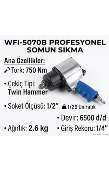 Wfı-5070b Ultra Güçlü Profesyonel Havalı Somun Sıkma Tabancası - 750 Nm 1/2" Twin Hammer