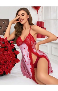 Northcity Kadın Kırmızı Kalp Desenli Saten Gecelik 2220
