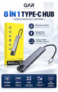 Type-c 8 İ 1 Arada Usb-c Hub Çoklayıcı 4k Hdmı Rj45 Ethernet Sd Tf Kart Okuyucu Usb 3.0 Pd Şarj