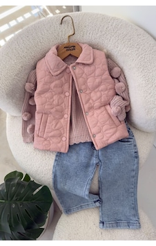 Minigimin Cicileri Kalp Desenli Taş Detaylı Kız Bebek Kapitone Montlu Triko Ve Kot Pantolon 3 Lü Takım - Pudra Minigimin Cicileri Kalp Desenli Taş Detaylı Kız Bebek Kapitone Montlu Triko Ve Kot Pantolon 3 Lü Takım - Pudra