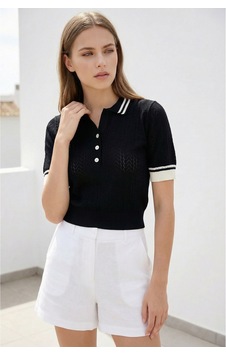 Sayzen Your Shine Polo Yaka Ajur Detaylı Kadın Crop Tişört Sy-sam2604 Siyah Sayzen Your Shine Polo Yaka Ajur Detaylı Kadın Crop Tişört Sy-sam2604 Siyah