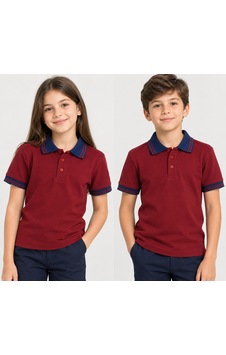 Nzy Lacivert Çizgi Yaka Bordo Kısa Kol Kız Ve Erkek Çocuk T-shirt