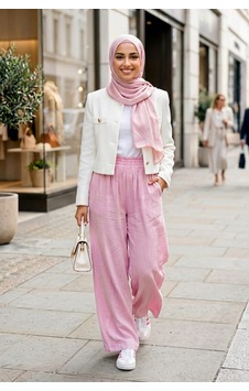 Hb Harma Time Butik Kadın Beli Lastikli Çilek Kumaş Pembe Salaş Pantolon Pembe Pembe