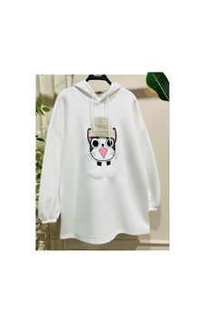 Çınar Boutique Kedicik Desenli Kapişonlu Sweetshirt-beyaz - M Beyaz Beyaz Çınar Boutique Kedicik Desenli Kapişonlu Sweetshirt-beyaz - M Beyaz Beyaz