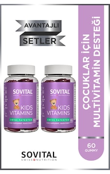 Sovital Kids A, C, D3, B6, B12, Çinko, Kalsiyum İçeren Çocuklar İçin Çiğnenebilir,vegan,şekersiz 60 Gummy X 2 Adet Sovital Kids A, C, D3, B6, B12, Çinko, Kalsiyum İçeren Çocuklar İçin Çiğnenebilir,vegan,şekersiz 60 Gummy X 2 Adet