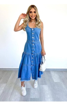 Tane Tasarım Askılı Jean Elbise Düğmeli Kot Uzun Denim Elbise Jean Denim