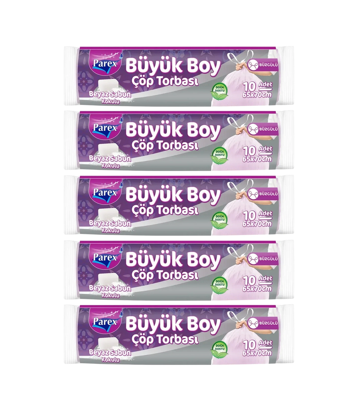 Büzgülü 10'lu Çöp Torbası Beyaz Sabun Kokulu Büyük Boy 65 X 70 Cm Beşli Paket Büzgülü 10'lu Çöp Torbası Beyaz Sabun Kokulu Büyük Boy 65 X 70 Cm Beşli Paket