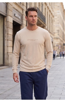Deepsea Erkek Slim Fit Likralı Çizgi Dokulu Bej Sweatshirt Bisiklet Yaka Nakışlı Spor Şık Sweat 2708518