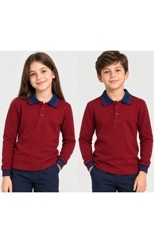 Nzy Lacivert Çizgi Yaka Bordo Uzun Kol Kız Ve Erkek Çocuk T-shirt