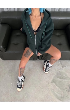 Barlashive Kadın 3 İplik Pamuklu Kapüşonlu Kanguru Cepli Baskılı Oversize Hoodie Sweatshirt - Haki Çok Renkli