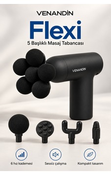 Md-9901 Flexi Darbeli Masaj Tabancası 60w, 6 Kademeli, 5 Başlıklı - Siyah
