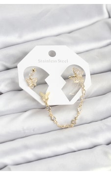 Kelebek Model Pirinç Gold Renk Zincir Bağlantılı Ear Cuff Küpe Seti 5886 Çok Renkli 09031232 Kelebek Model Pirinç Gold Renk Zincir Bağlantılı Ear Cuff Küpe Seti 5886 Çok Renkli 09031232