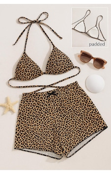 Kadın Leopar Desenli Şortlu Belden Ve Boyundan Bağlamalı Bikini T Kadın Leopar Desenli Şortlu Belden Ve Boyundan Bağlamalı Bikini T
