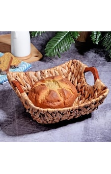 Kosova Wicker Serisi Bezli Kare Ahşap Kulplu Hasır Ekmek Sepeti