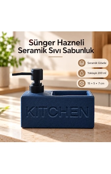 Sünger Hazneli Seramik Sıvı Sabunluk - Mavi Çok Renkli Sünger Hazneli Seramik Sıvı Sabunluk - Mavi Çok Renkli
