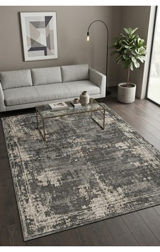 Gri Eskitme Desenli Dijital Baskı Halı, Modern Vintage Salon Ve Oturma Odası Halısı Çok Renkli