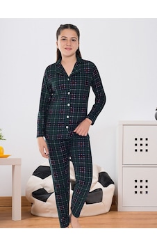 6589 Kız Çocuk Süet Kışlık Boydan Düğmeli Ekoseli Kalın Pijama Takımı Yeşil