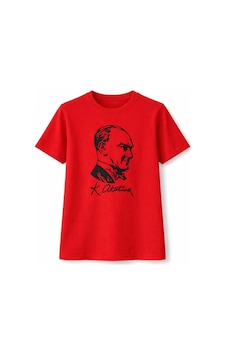 Primemağazam Kız Çocuk Atatürk Baskılı Tişört Kısa Kollu Bisiklet Yaka T-shirt - Kırmızı Çeşitli