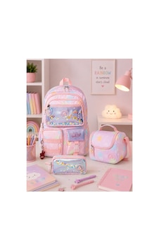 3'lü Set Kız Çocuk İlkokul Okul Çantası Ortopedik Sırt Destekli Beslenme Çantalı Kalemlikli Pullu Pembe 3'lü Set Kız Çocuk İlkokul Okul Çantası Ortopedik Sırt Destekli Beslenme Çantalı Kalemlikli Pullu Pembe