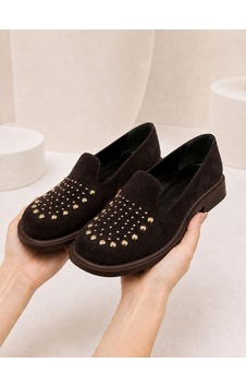 Dabab Shoes Monıca Kadın Acı Kahve Süet Taşlı Zımbalı Yuvarlak Burun 2 Cm Kalın Taban Loafer Ayakkabı Kahverengi