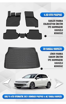 Volkswagen Golf 8/8.5 Otomatik Uyumlu 4.5d Premium Havuzlu Oto Paspas Ve Liner Alt Bagaj Havuzu